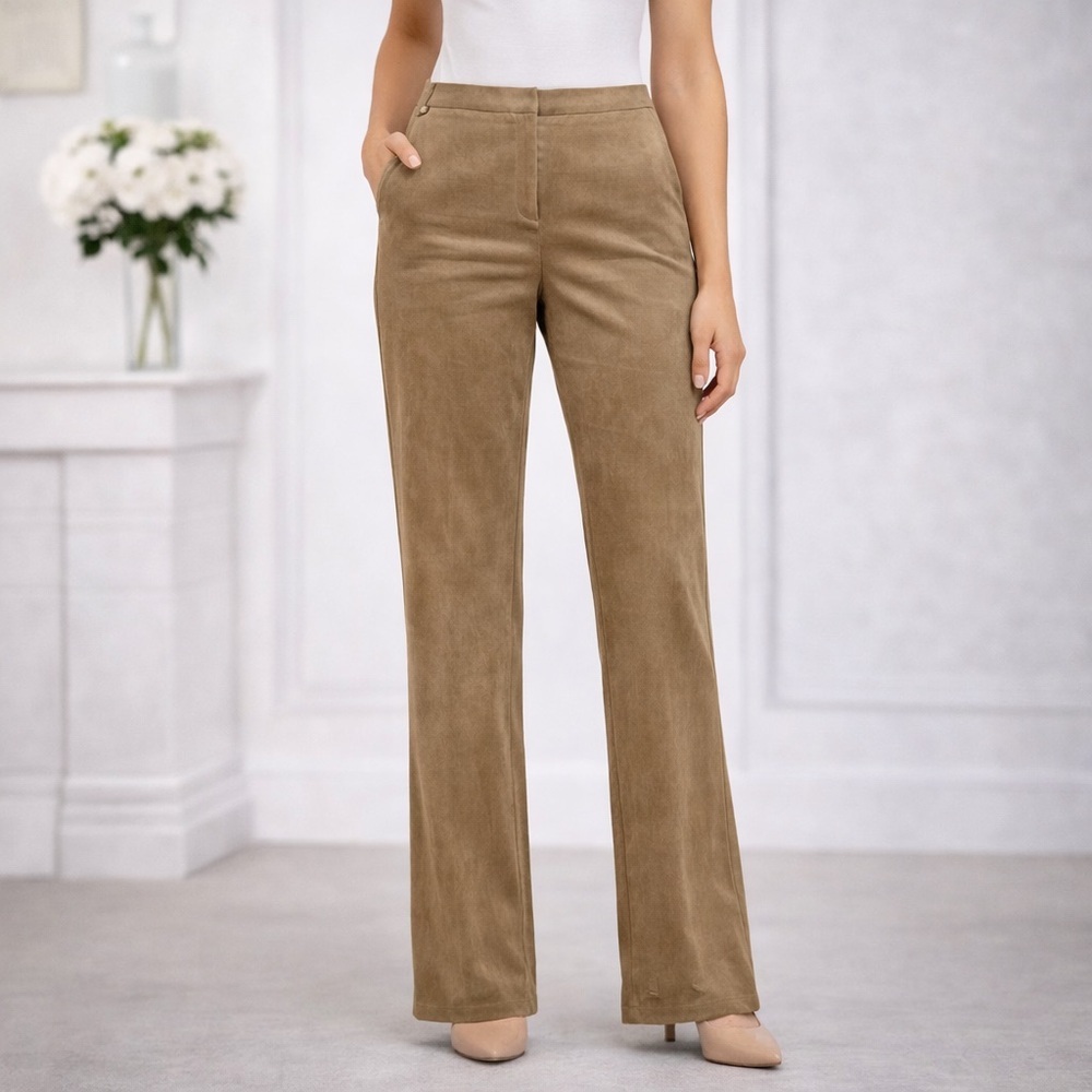 Casual Corner Faux Suede Brown Straight Leg Pants Sz 6 Minimalist Workwear‎ Chic